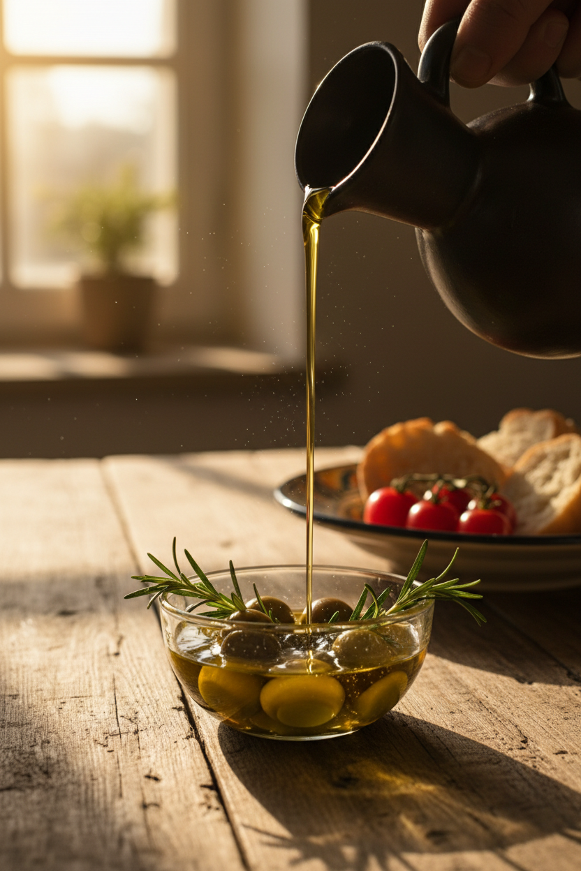 Olio EVO Terra di Bari versato in luce dorata