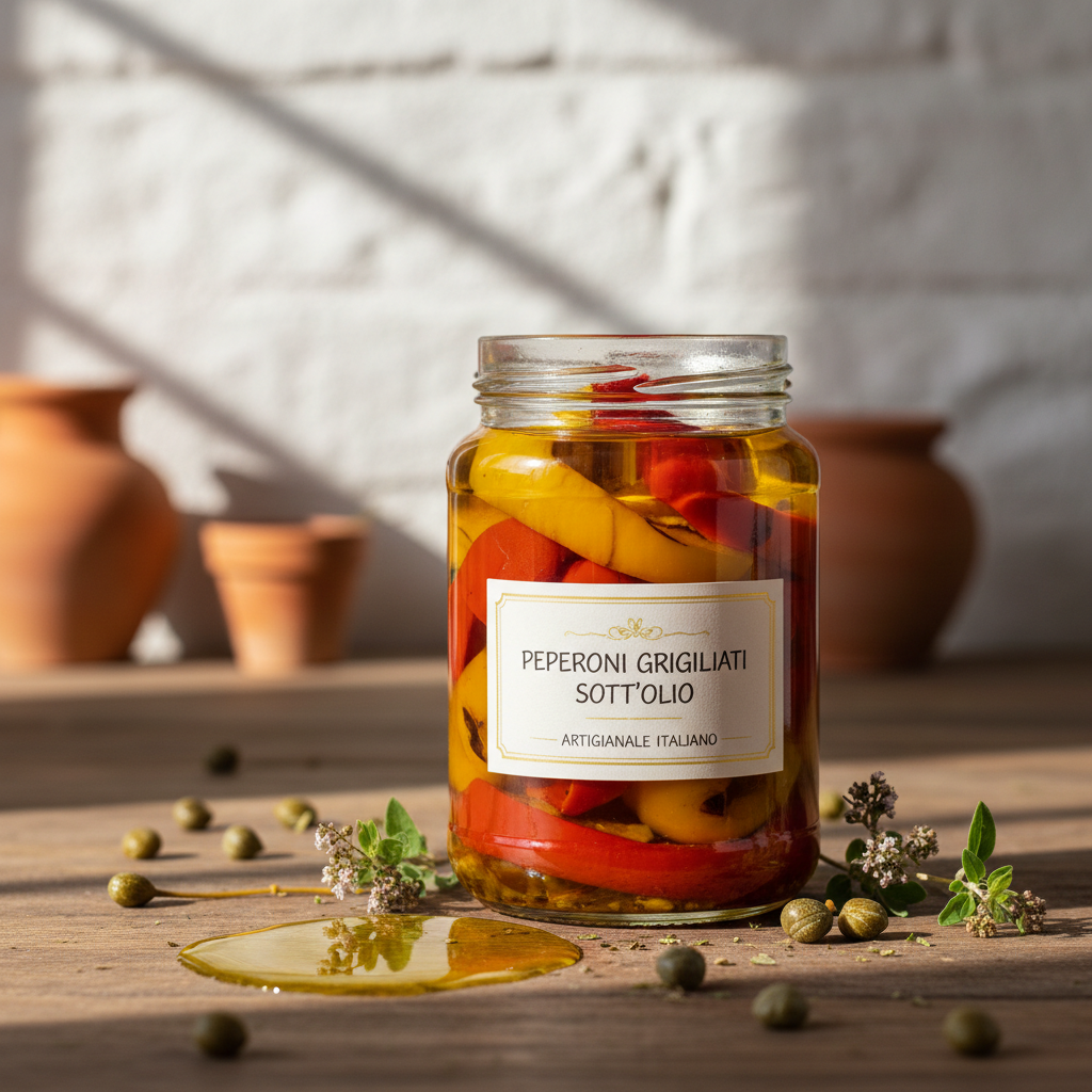 Peperoni grigliati sott'olio in vasetto di vetro