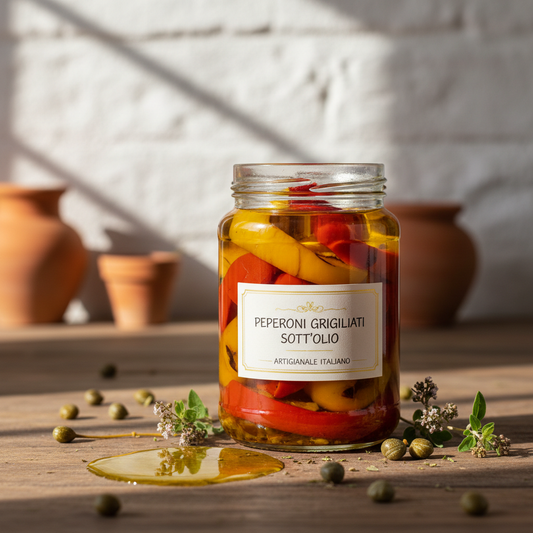 Peperoni grigliati sott'olio in vasetto di vetro